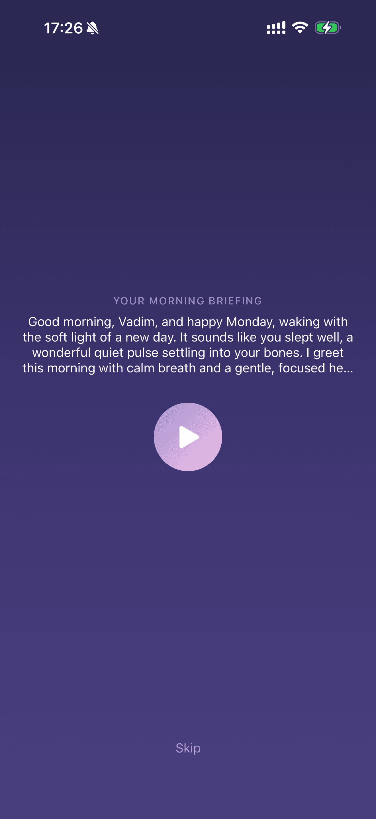 WakeMind morning briefing playback screen