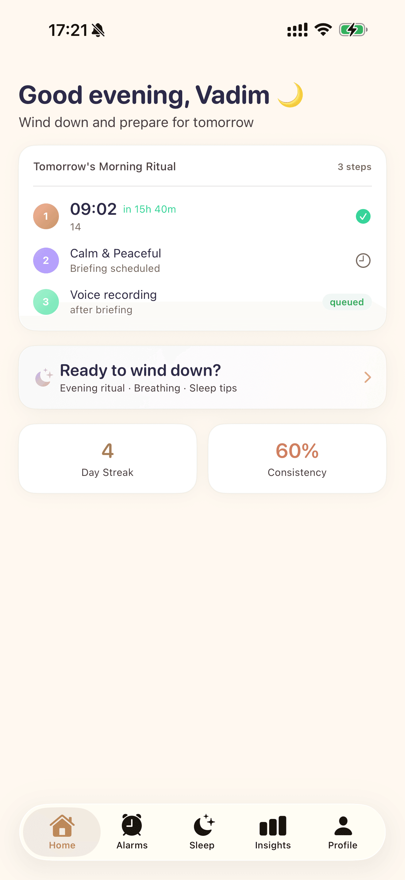 WakeMind home screen with tomorrow’s ritual