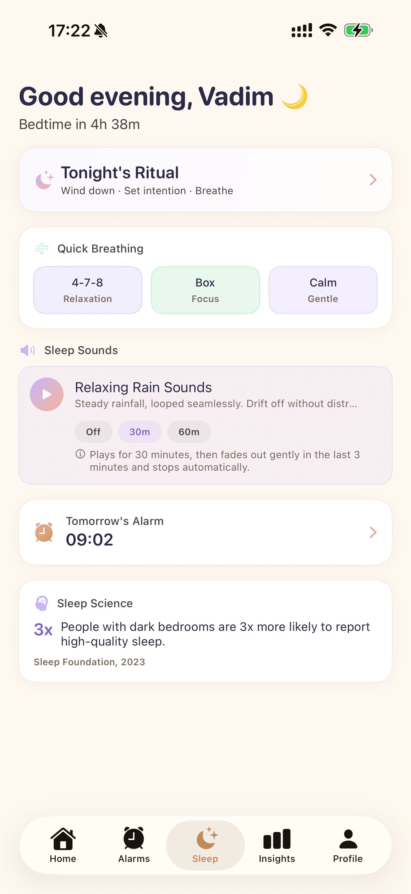 Sleep tab with the Relaxing Rain Sounds player